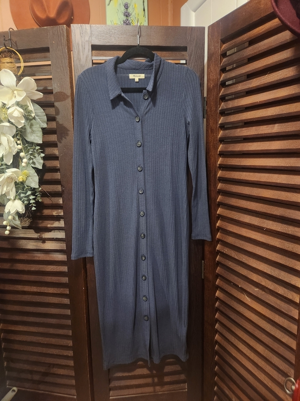 Madewell Navy Button-Down Ribbed Maxi Dress
